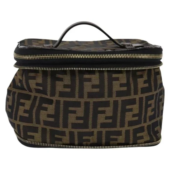 FENDI Zucca Canvas Vanity Pouch Black Brown gold Auth 145319
